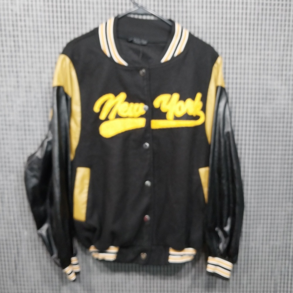 SHEIN Varsity Jacket Womens New York Letterman Patch XS Black Yellow